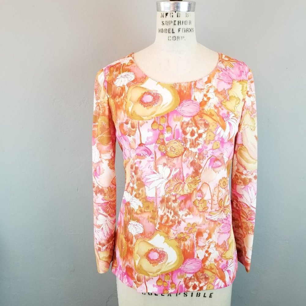 Dawna Dale Originals 1960's Pink Floral 3/4 Sleeve Blouse Women's Size Medium